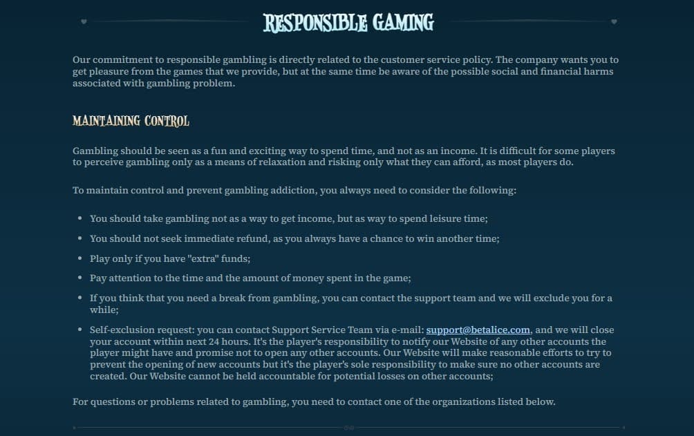 BetAlice Casino jeu responsable